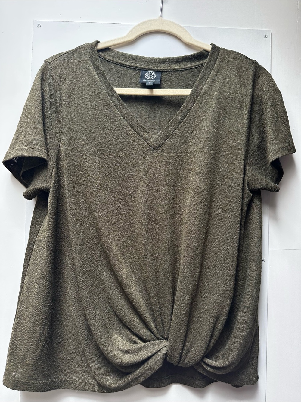 bobeau Olive V-Neck Short Sleeve Twist Front Tee